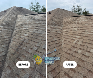 Before and after shots of a roof cleaning by Sparkle Tech Pressure Washing in Palm Coast, Florida. The left photo shows the roof with visible dirt and stains before the cleaning, while the right photo highlights the roof restored to a clean and refreshed state.