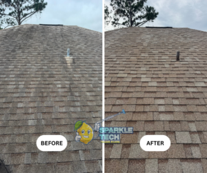 Before and after photos of a roof cleaning by Sparkle Tech Pressure Washing in Palm Coast, Florida. The left image shows the roof with noticeable dirt and stains prior to cleaning, while the right image displays the roof looking spotless and rejuvenated after the service.