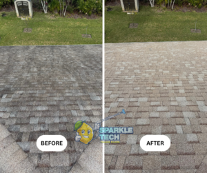 Side-by-side comparison of a roof cleaning by Sparkle Tech Pressure Washing in Palm Coast, Florida. The left image shows the roof with dirt and staining before cleaning, while the right image showcases the same roof restored to a clean, like-new appearance after the wash.